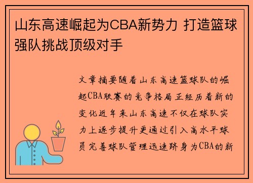 山东高速崛起为CBA新势力 打造篮球强队挑战顶级对手