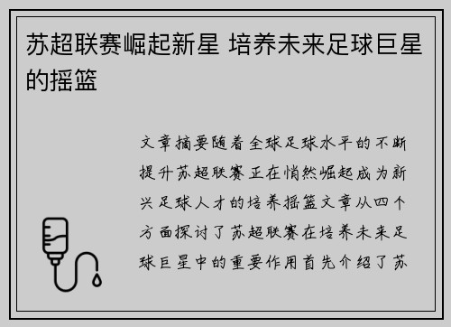 苏超联赛崛起新星 培养未来足球巨星的摇篮